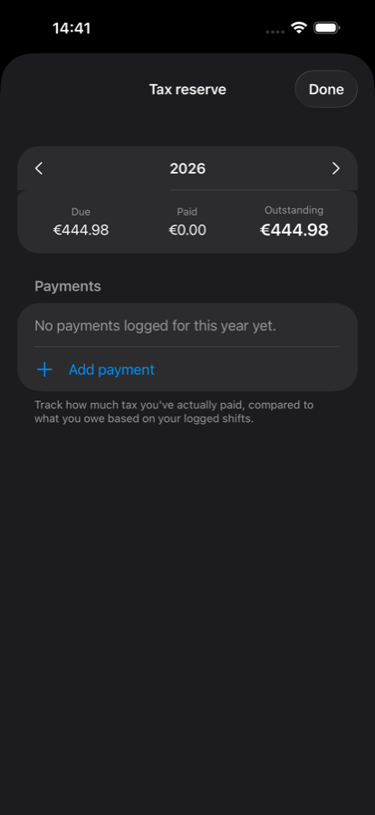 PayShift-belastingreserve met verschuldigde, betaalde en openstaande belasting voor het jaar